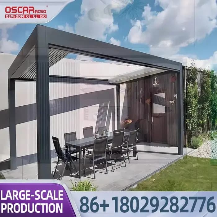 Structure bioclimatique motorisée de haute qualité pour terrasse et balcon, avec lames revêtues, per