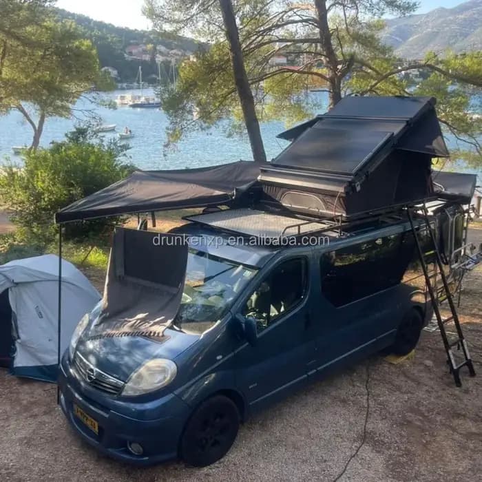Auvent à 270 degrés, auvent imperméable en toile 320G de 2,2 m de diamètre avec lumières LED, tente de camping autoportante pour voiture, 4 saisons