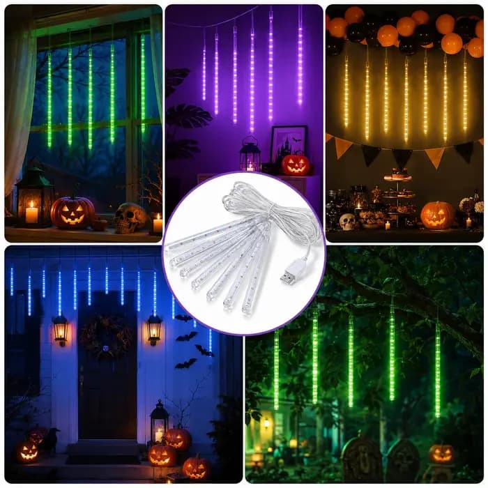 Lumières de pluie de météores, guirlandes lumineuses LED en forme de pluie, USB, vert, violet, blanc chaud, bleu, pour fenêtre, arbre, fête, décoration d'Halloween