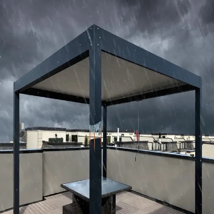 Pergola bioclimatique en aluminium avec persiennes réglables et portes coulissantes en verre – Idéal pour les salons sur le toit ou les balcons modernes