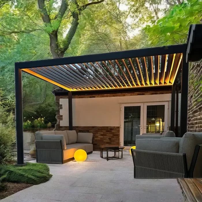 Pergola motorisée en aluminium tonnelle bioclimatique lumières LED toit à persiennes portes coulissantes en verre Patio