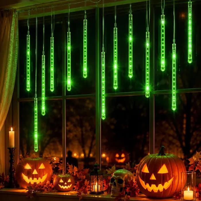 Lumières de pluie de météores, guirlandes lumineuses LED en forme de pluie, USB, vert, violet, blanc chaud, bleu, pour fenêtre, arbre, fête, décoration d'Halloween