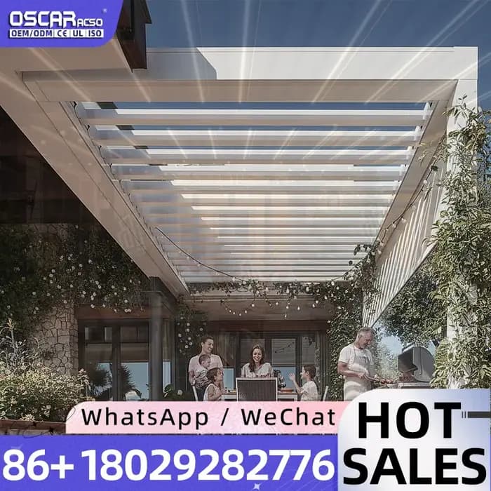 Pergola de terrasse motorisée rétractable à lames orientables, électrique, avec LED, résistante aux